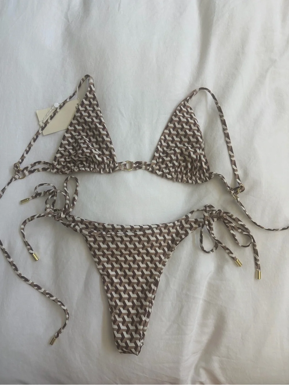 monday swimwear husk geo havana top + side tie bottoms bikini set small medium